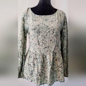 LOFT Green and Blue Peplum Long Sleeve Blouse, Size XS